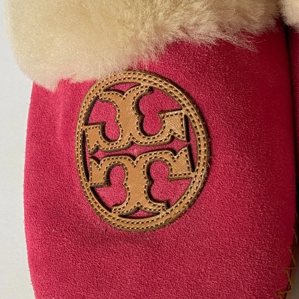 Tory Burch Pink Suede Shearling Lined Slippers Double T Logo Size 7M